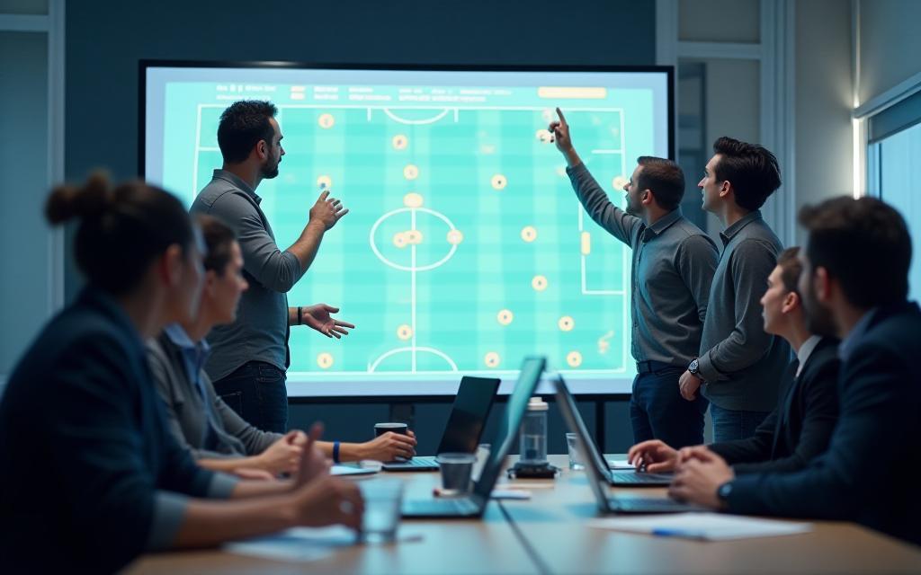 Team van Voetbal Analyse Nederland dat samenwerkt aan een tactiekbord